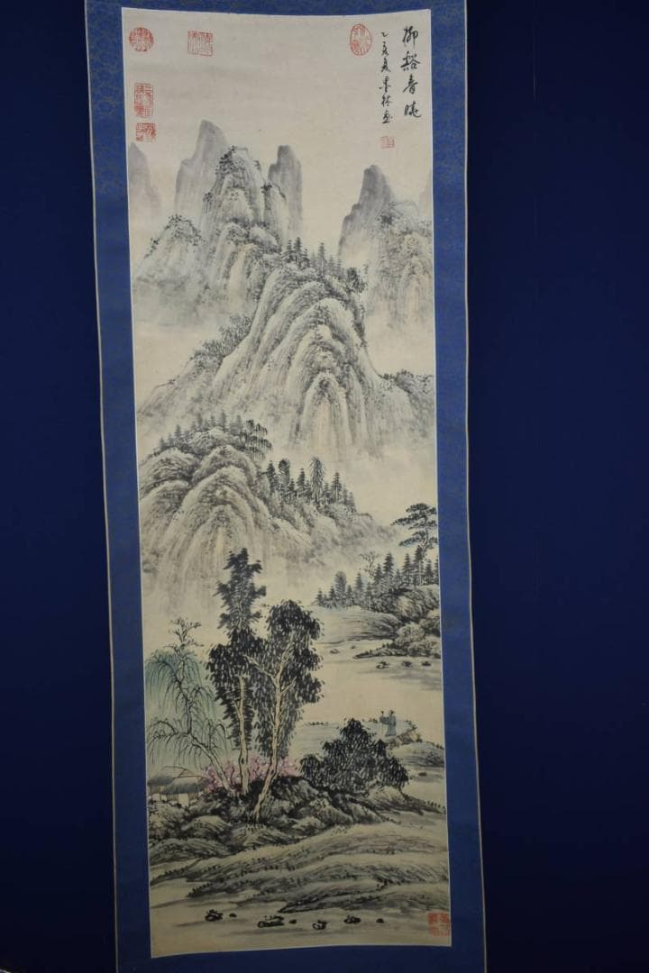 真作/墨林/春景山水人物図/布袋屋掛軸HI-84