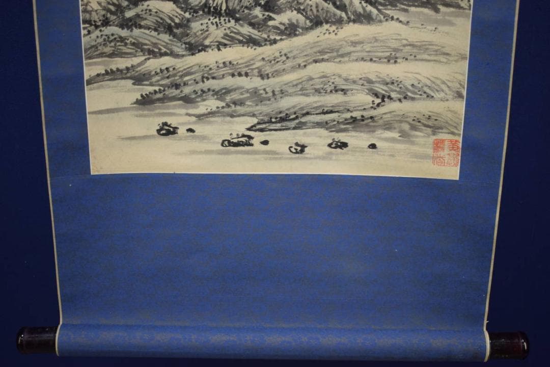 真作/墨林/春景山水人物図/布袋屋掛軸HI-84