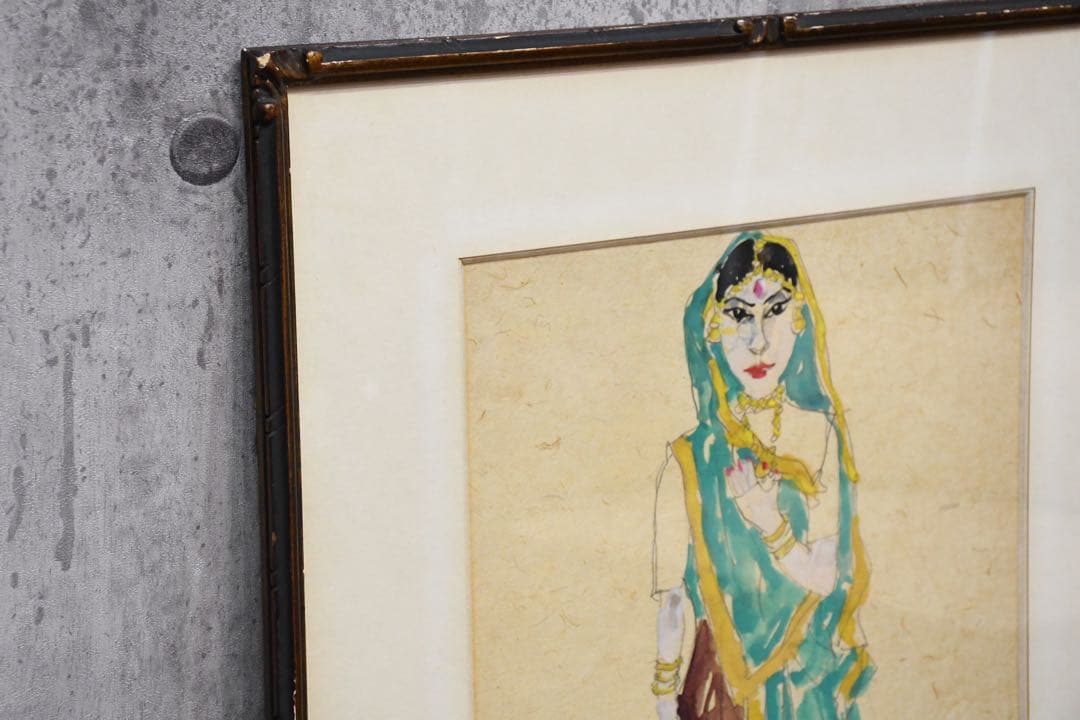 DIC41 真作保証 小川博史 インドの人形 肉筆 水彩画 額装 共シール