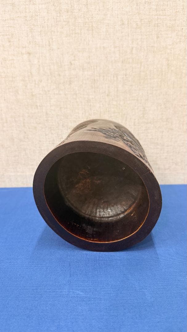 竹彫 浮彫文様 筆筒　文房清玩　インテリア