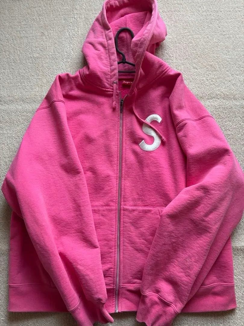シュプリーム supreme ジップ パーカー ピンク Sロゴ エスロゴ L