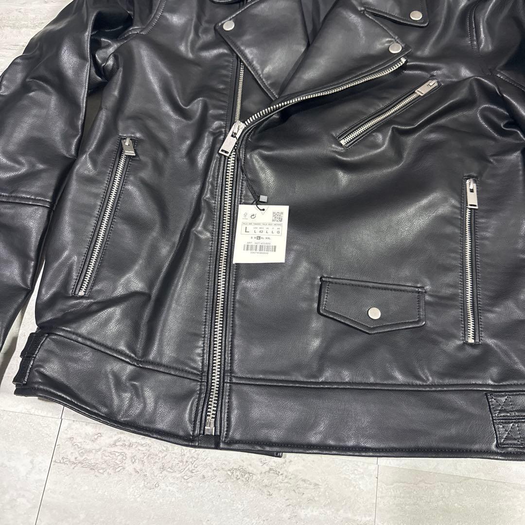 新品 L ZARA フェイクレザー ダブル ライダースジャケット ブラック