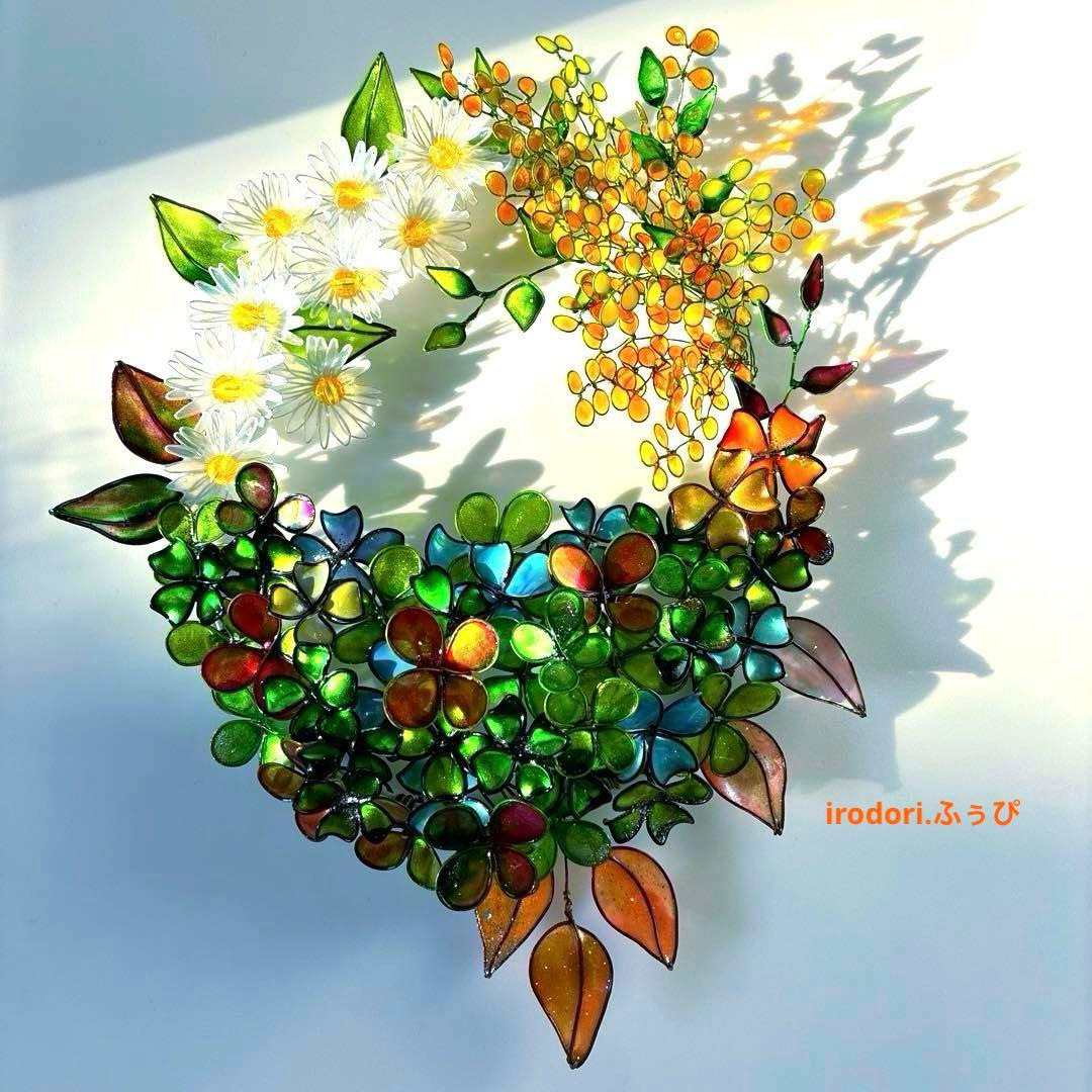 一点物　大きな春いっぱいリース　ワイヤークラフト　ディップアート　壁飾り　アート 一点物 大きな春いっぱいリース ワイヤークラフト ディップアート 壁