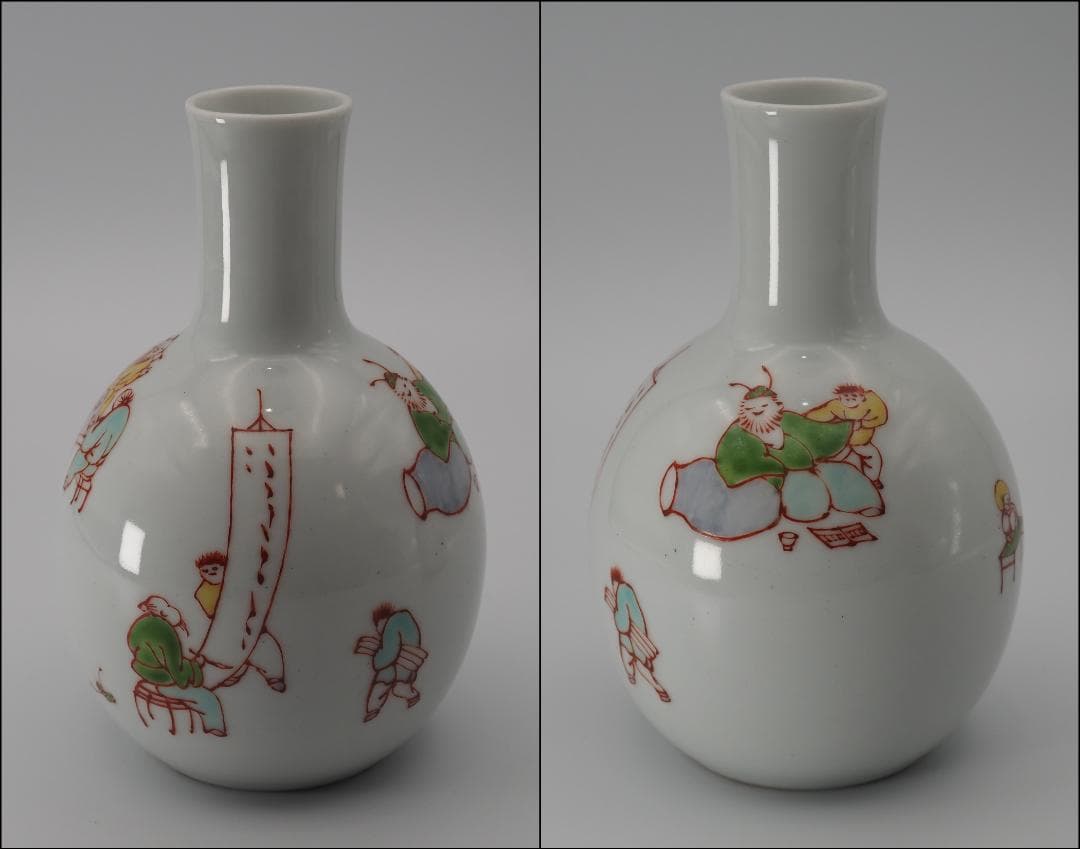 帝室技芸員 三代清風与平作 磁彩画 詩仙図 徳利一対 共箱/共布
