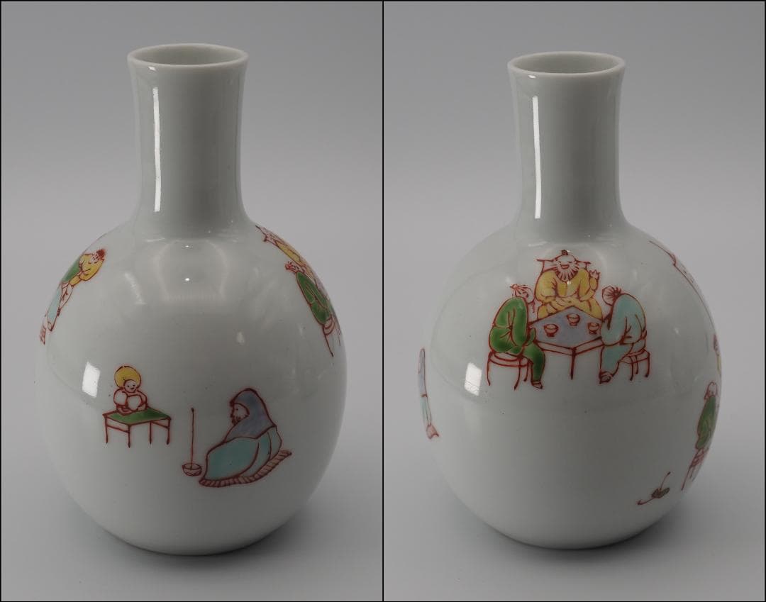 帝室技芸員 三代清風与平作 磁彩画 詩仙図 徳利一対 共箱/共布