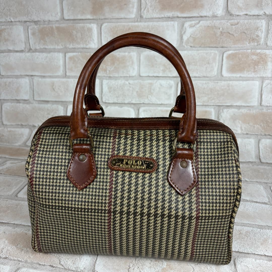 ポロラルフローレン 千鳥格子柄 総柄 ミニボストンバッグ PVCレザー