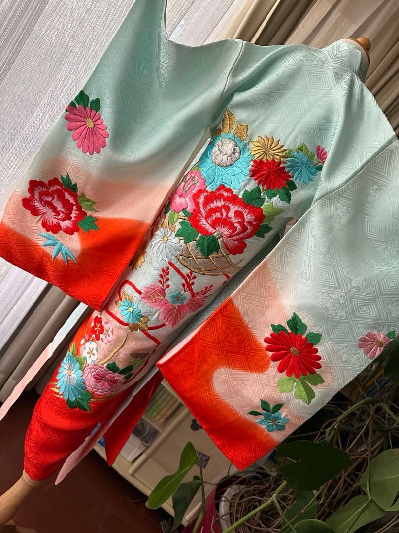 3歳女の子 七五三フルセット 空色ブルー×レッドオレンジ ぼかし染めに