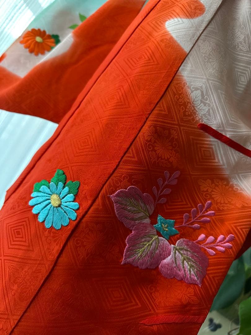 3歳女の子 七五三フルセット 空色ブルー×レッドオレンジ ぼかし染めに