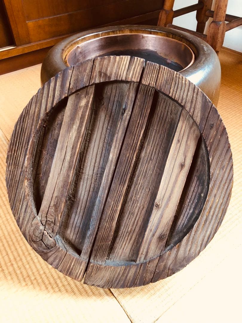 明治〜大正時代 《 木製 丸火鉢 》無垢木材 銅壺 骨董 古道具 古物