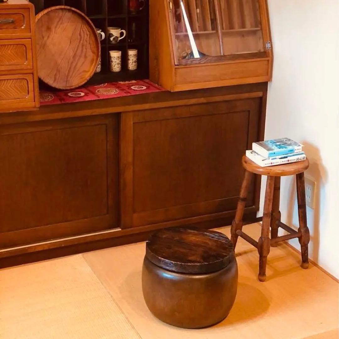 明治〜大正時代 《 木製 丸火鉢 》無垢木材 銅壺 骨董 古道具 古物
