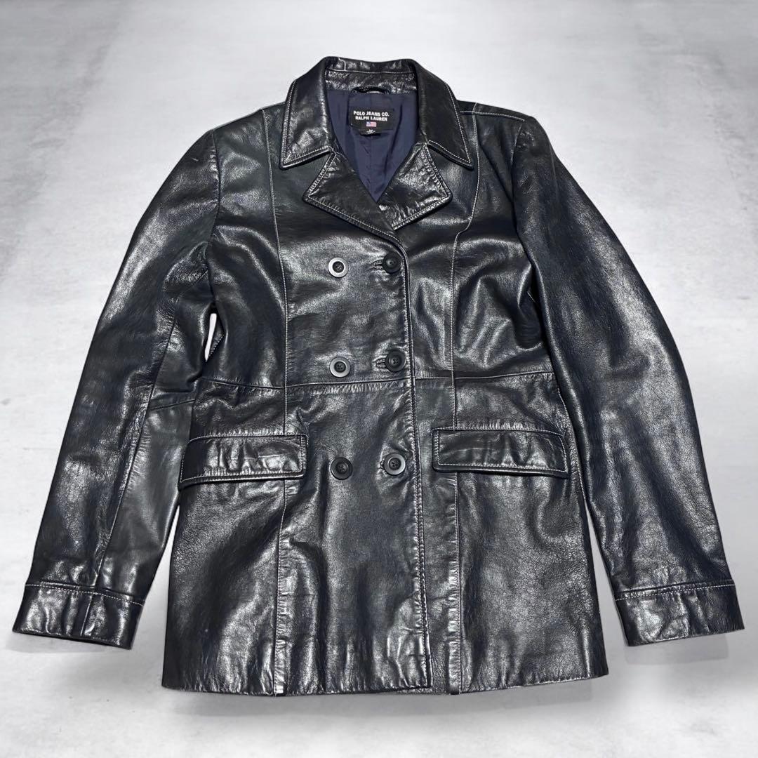 希少　ラルフローレン　レザージャケット　ネイビー　ダブル　山羊革　Mサイズ Mo-Laws ラム革 メンズ ダブルライダースジャケット UKタイプ ネイビー