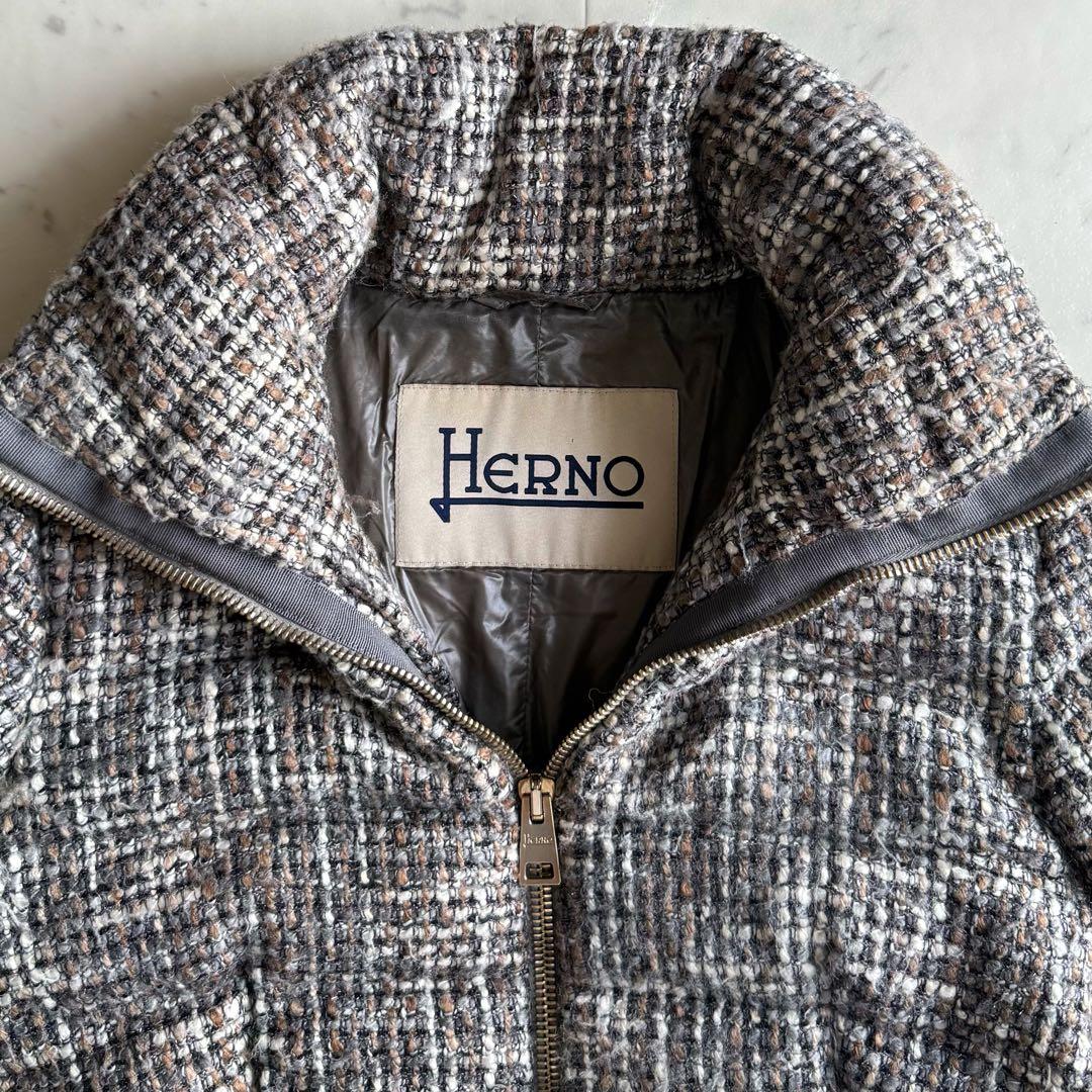 美品 ヘルノ サイズ44 ツイード スタンドカラー ショート ダウン