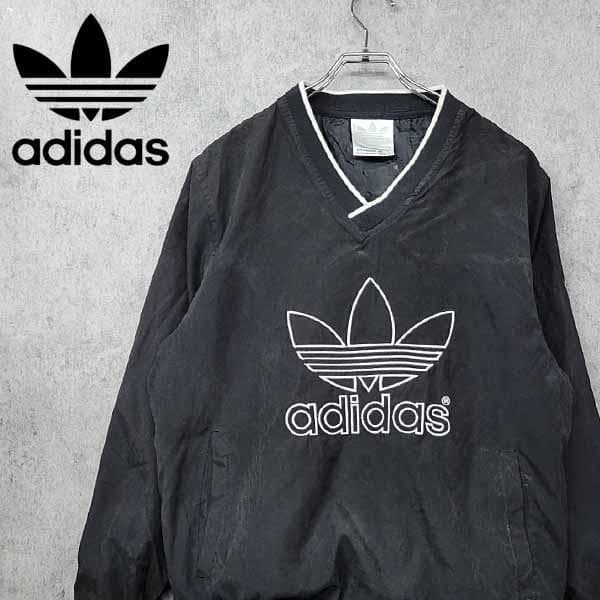90s 古着】アディダス 刺繍 プルオーバー ナイロンジャケット ブラック
