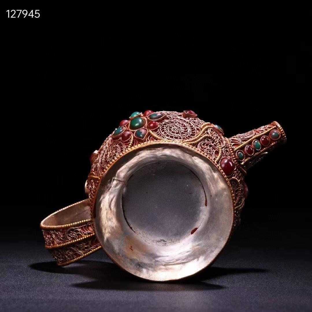 中国古美術・旧蔵收・純手作り・花糸古銅彫塗金宝石嵌酒壺・文房置物