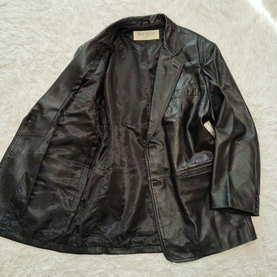 【美品】バルマン☆ラムレザー　Ｌサイズ　2B テーラードジャケット　ブラック BALMAIN(バルマン) ラムレザーテーラードジャケット ブラック サイズ 9