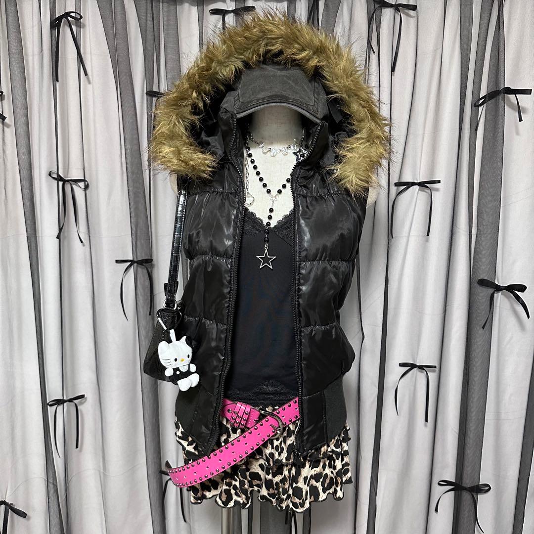 平成ギャル y2k 微光沢ファー付き ダウンベスト アウター フェアリー