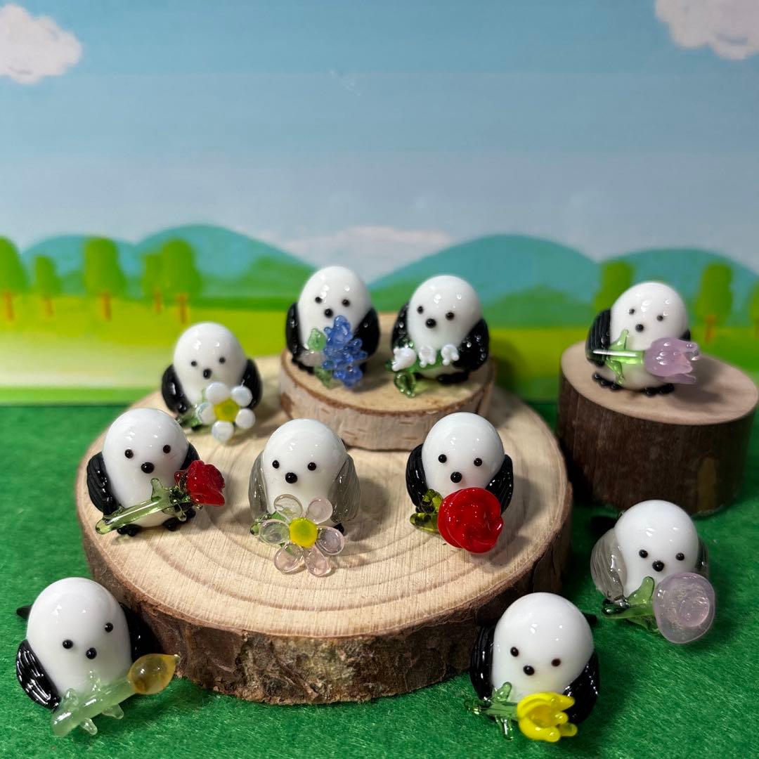 シマエナガとお花　ガラス細工　ミニチュア ガラス細工 シマエナガとラベンダー台（S) ミニチュア 雑貨 置物 小物