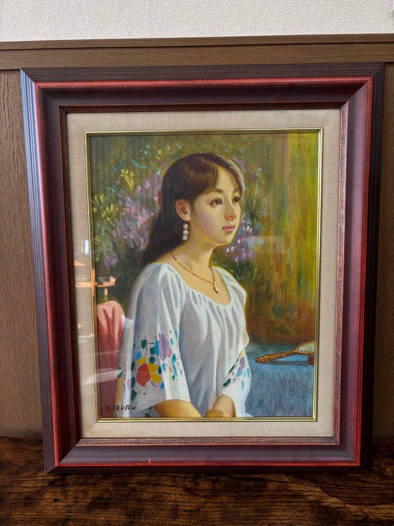 鶴村義美 【花模様のドレス】F6号額装　写実人物画