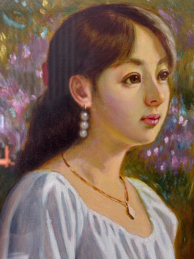 鶴村義美 【花模様のドレス】F6号額装　写実人物画