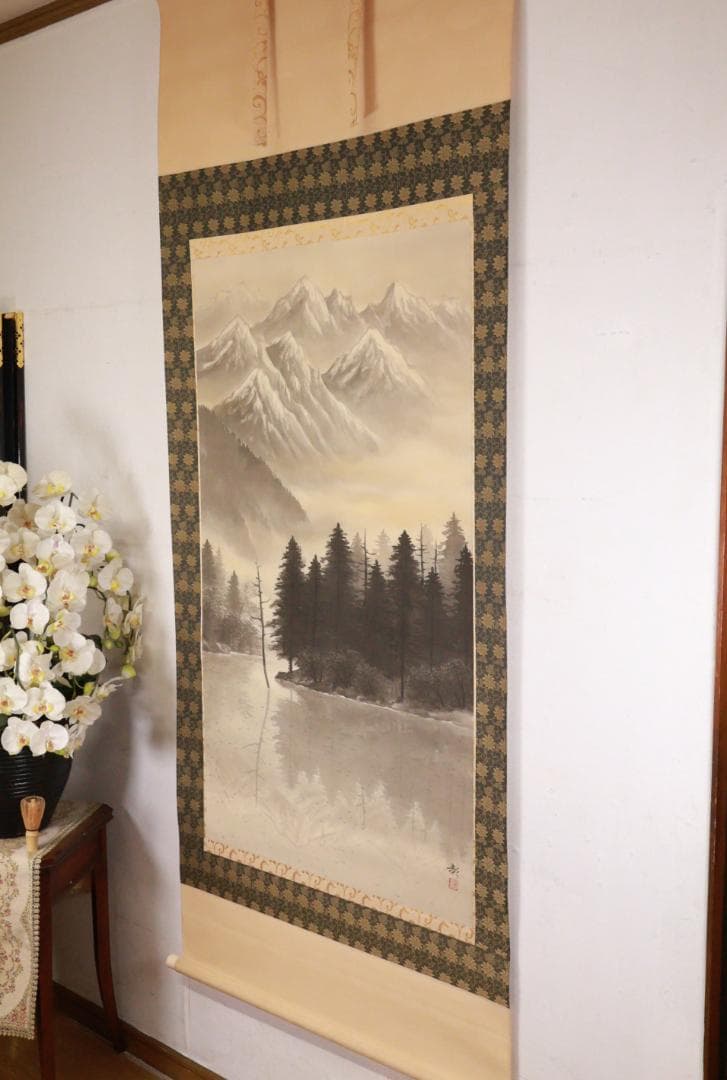 【真作】 鈴木彰 作　『 大正池 』 日本画 掛軸 絹本 大幅 共箱 BE983