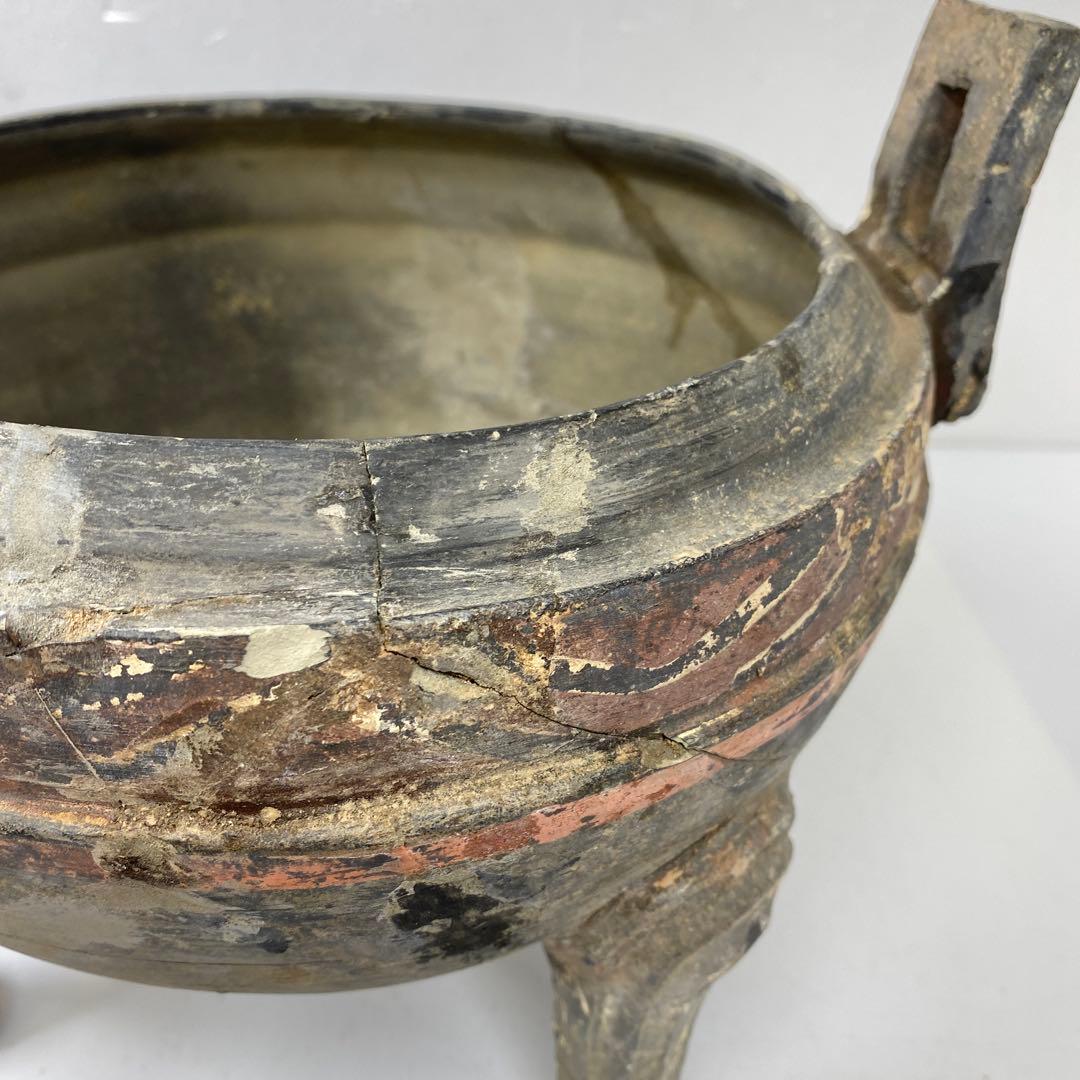 中国漢時代 彩陶加彩蓋付 三足土器 高さ22.5㎝ タトオ 東な7-0304②