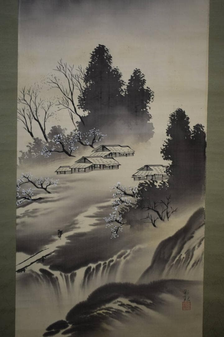 真作/松田彩観/山水人物梅図/桐極箱付/布袋屋掛軸HH-696