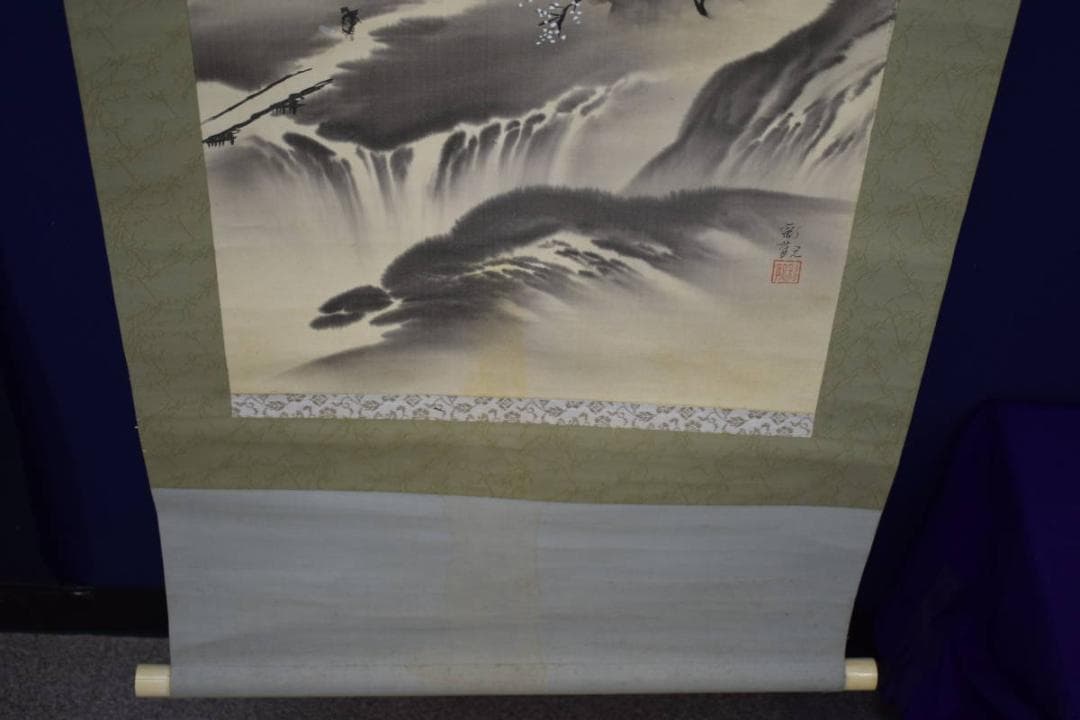 真作/松田彩観/山水人物梅図/桐極箱付/布袋屋掛軸HH-696