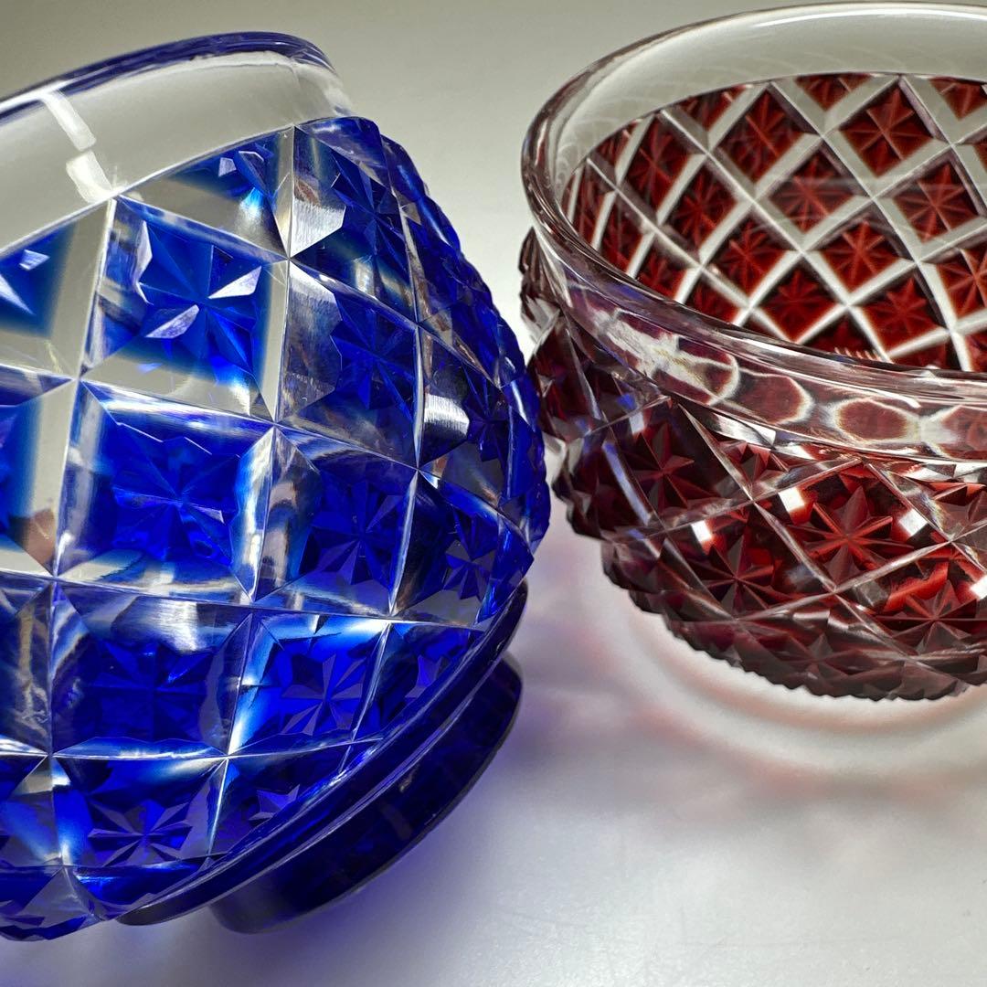 薩摩切子 島津被せガラス鉢2客 共箱 口径8㎝東Y7-0418☆1Fトコル