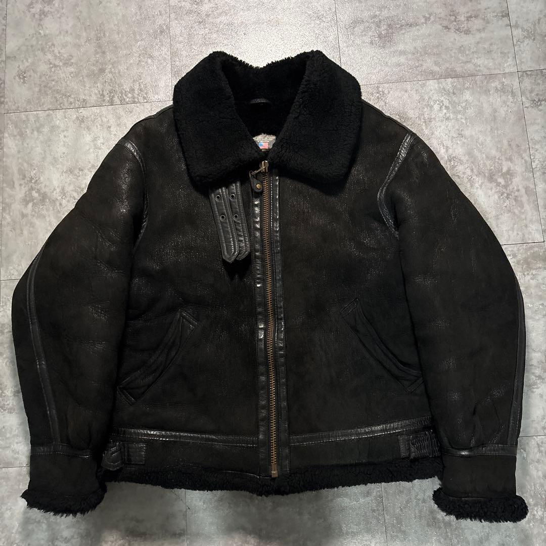 90s B-3 ムートン　フライトジャケット　ブラック　モチモチ本革　短丈　M ☆オーストラリア産ムートン オールブラック B-3フライトジャケット☆S
