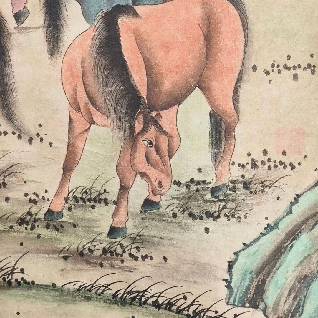 郎世寧《八駿図》　中堂掛軸　ブルーライト防偽付き　中国人物・馬図　壁掛け装飾