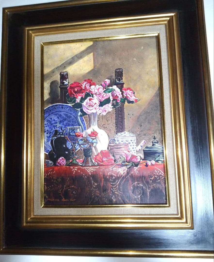 青木敏郎、絵画、油彩4号、椿レーマ杯染付皿、高級額縁、肉筆、森本草介、東郷青児。 東郷青児「花束」油絵・F4号 絵画買取・販売の小竹美術