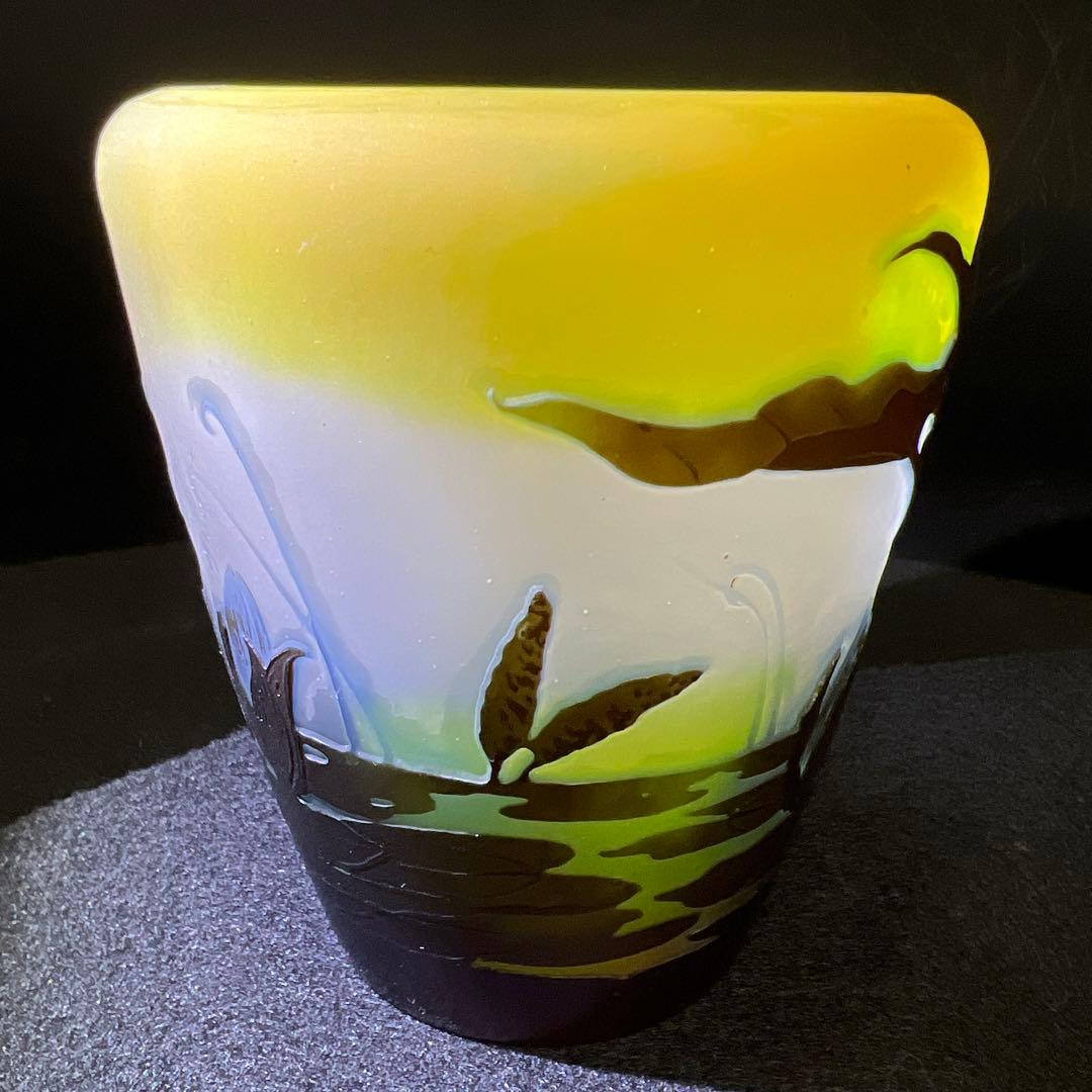 エミール・ガレ 三色酸化腐食彫花瓶 ケース付 鑑定証書付 東Y8-0210