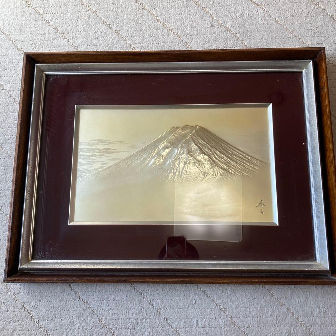 富士山 金属彫刻 中村春山作品 アンティーク絵画 美術彫金額 金属工芸