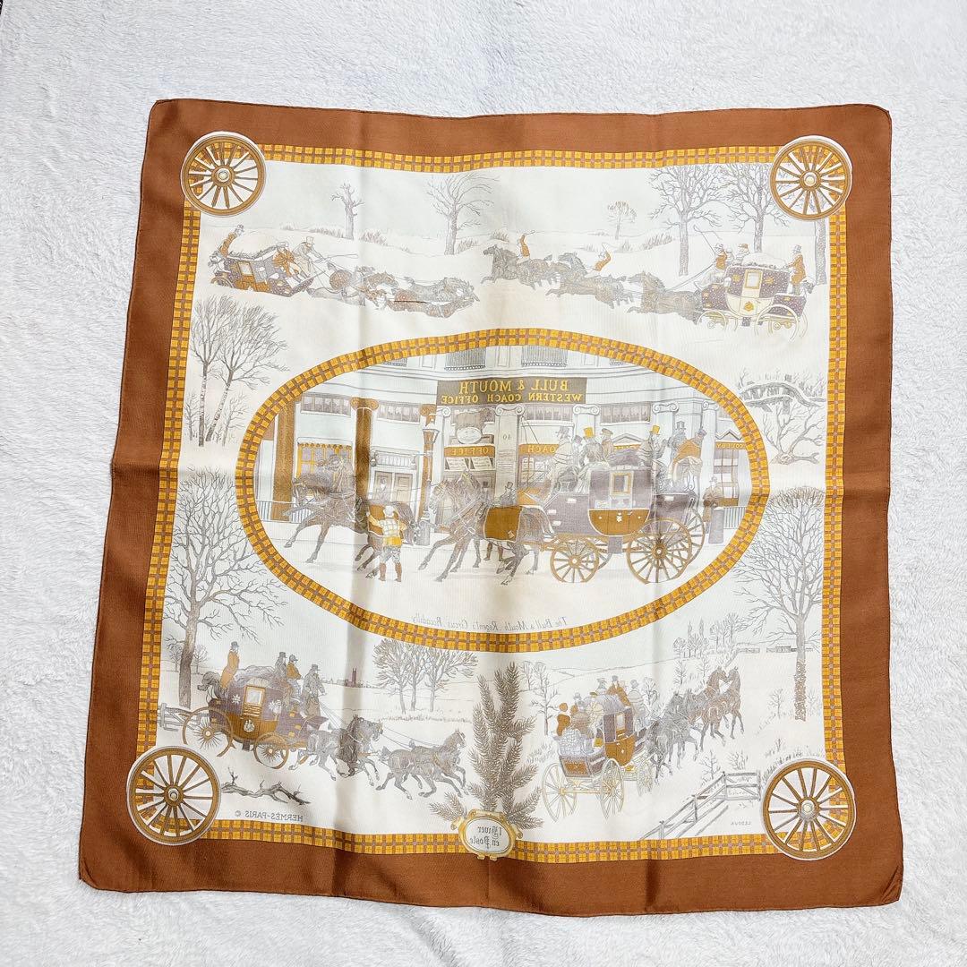 極美品】エルメス カレ90 冬の郵便馬車 シルクスカーフ ブラウン系