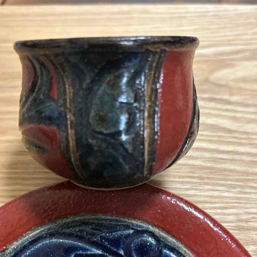 沖縄 やちむん 魚紋 壺屋焼 赤絵 小橋川清正 カップ＆ソーサー 2客