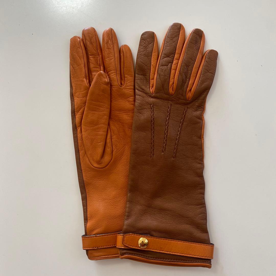 美品 バーバリー レザーグローブ 革手袋 ブラウン×オレンジ サイズ6.5
