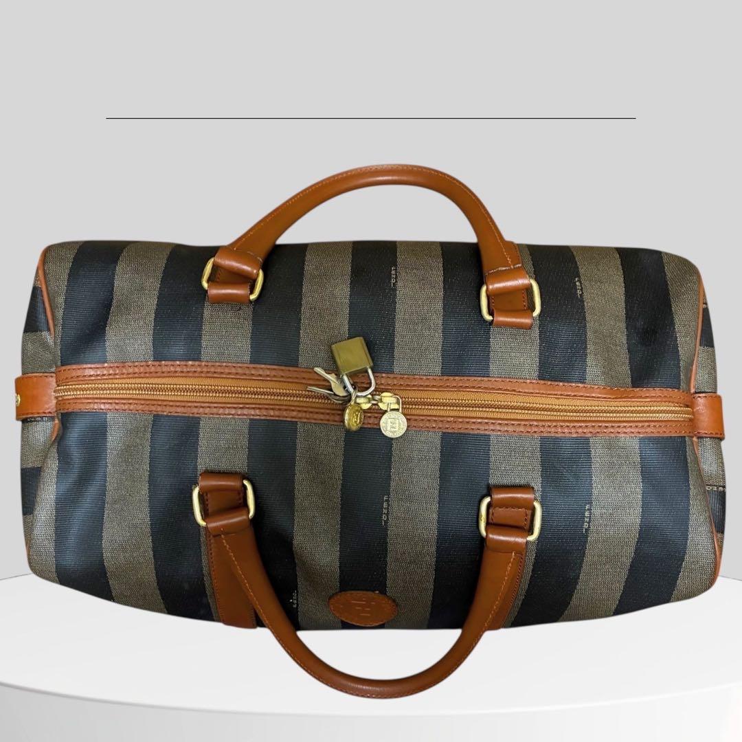 美品 FENDI フェンディ ペカン ボストンバッグ 南京錠 PVCレザー 黒茶