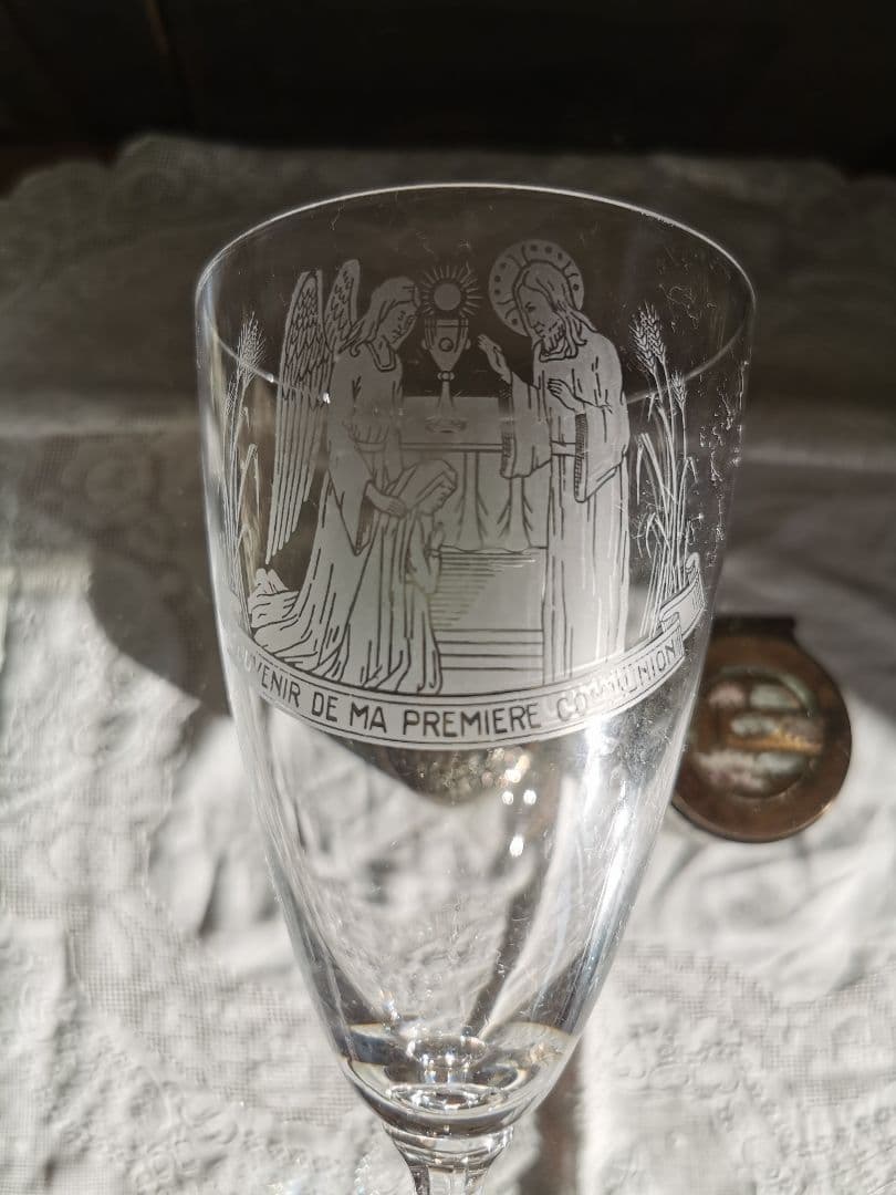 アンティーク 1stコミュニオン ラージガラスゴブレット 聖杯 少女
