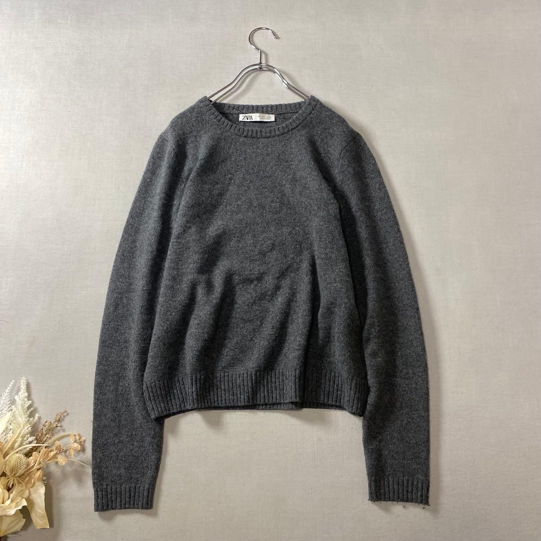 ザラ ウール 羊毛 ニット長袖 クルーネック【L】グレー レディース