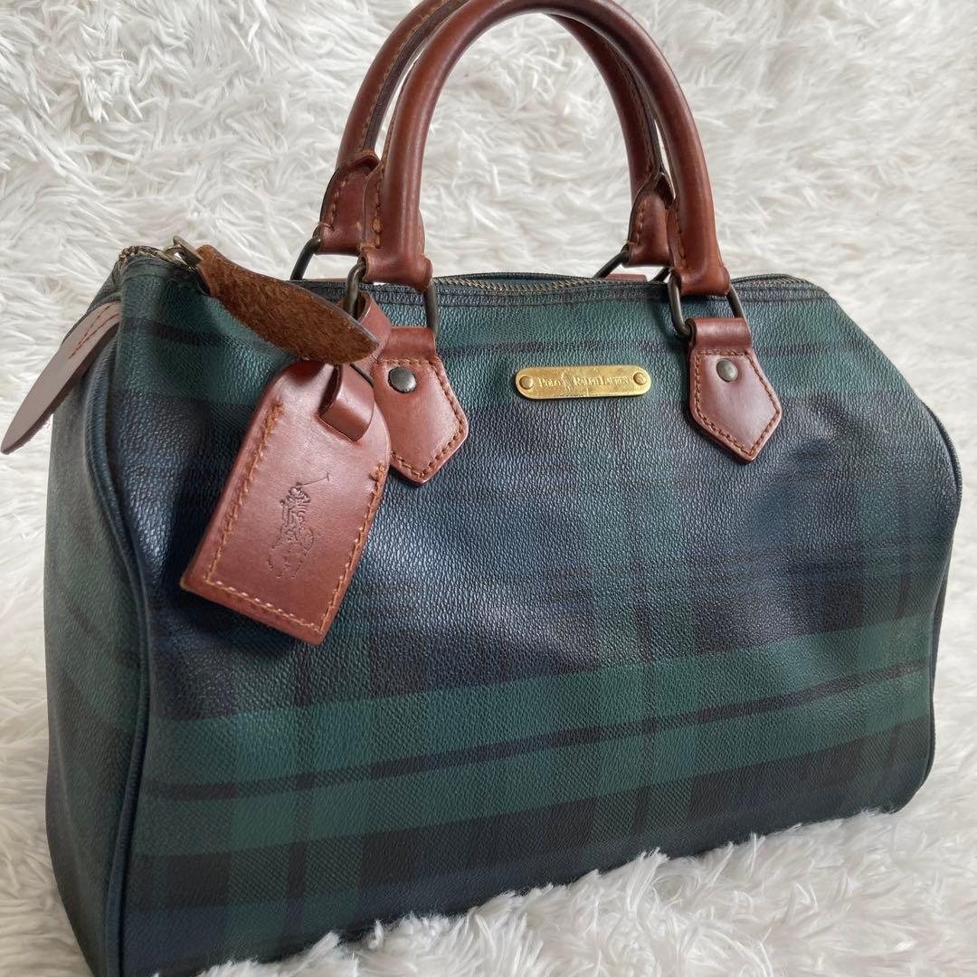 ポロラルフローレン ミニボストンバッグ チェック 金プレート PVC