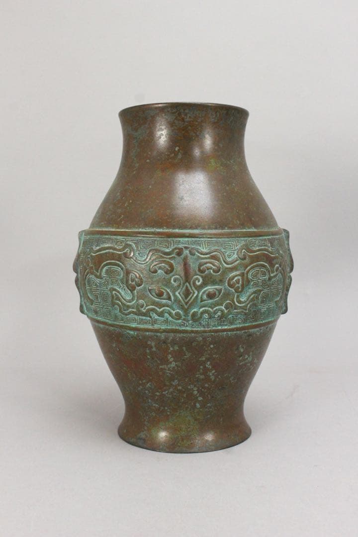 No5074 平安城鋳工　桂田浄雲造　饕餮文銅花器　高さ24.5cm 送料無料