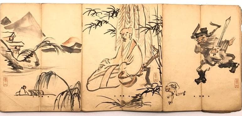 【 渡辺崋山 画帖 】　江戸時代　肉筆手控帖　七福神・鍾馗・花鳥・山水ほか