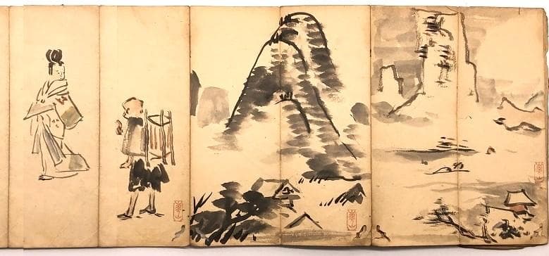 【 渡辺崋山 画帖 】　江戸時代　肉筆手控帖　七福神・鍾馗・花鳥・山水ほか