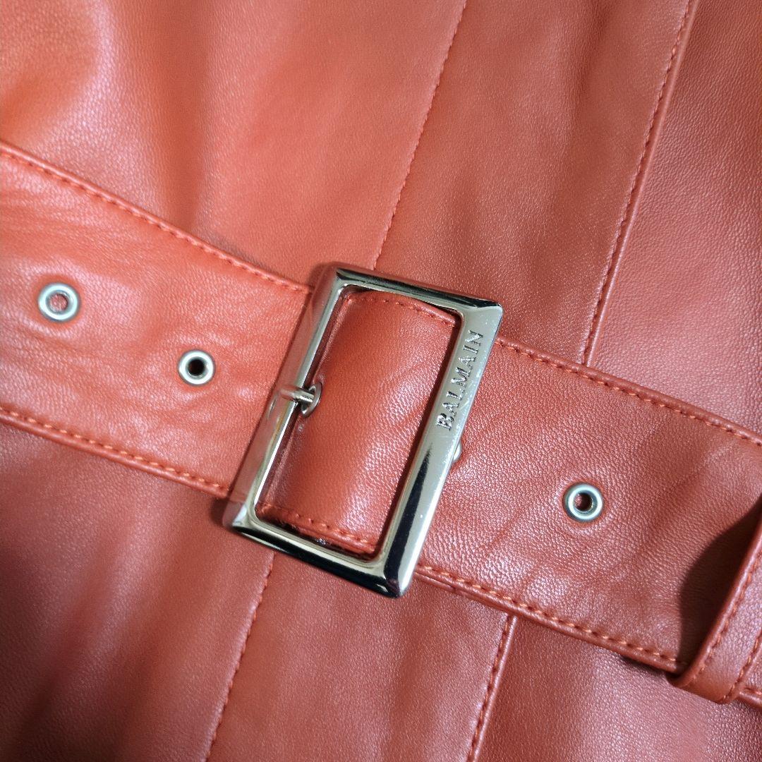 高級 バルマン 羊革 ラムレザー ロング レザーコート ベルト バックル ロゴ