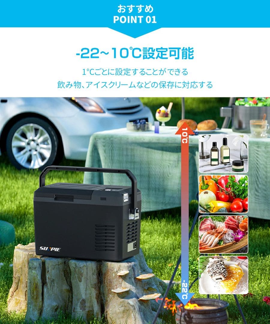 車載冷蔵庫 9L -20℃～10℃ 45W 12V/24V/内蔵バッテリー別売り