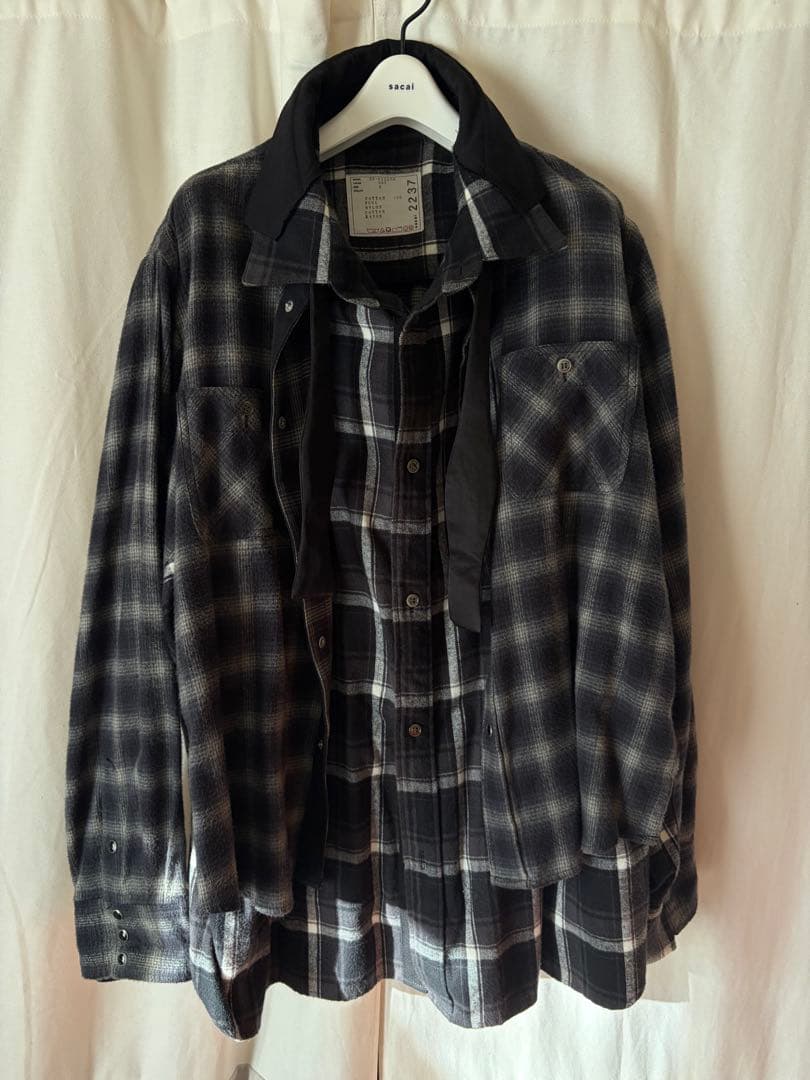sacai 20ss ドッキング レイヤードチェック シャツ オンブレ ブラック