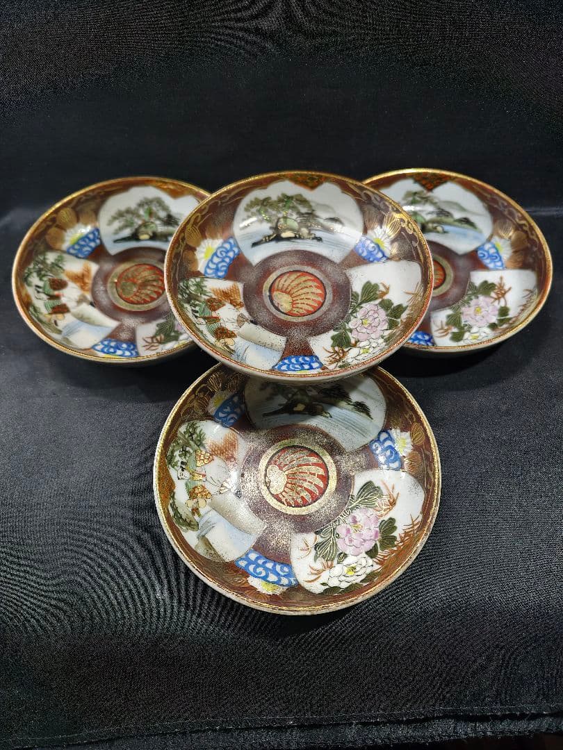 九谷焼 色絵金彩小皿4枚 明治骨董 手描き 古美術 旧家蔵出し 送料無料