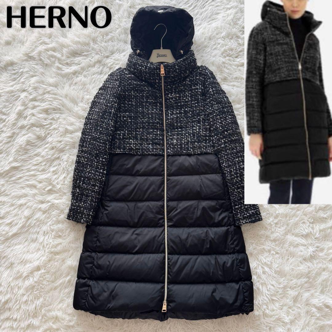 ヘルノ】ツイード切り替え ダウンコート フード取り外し可能 40 黒