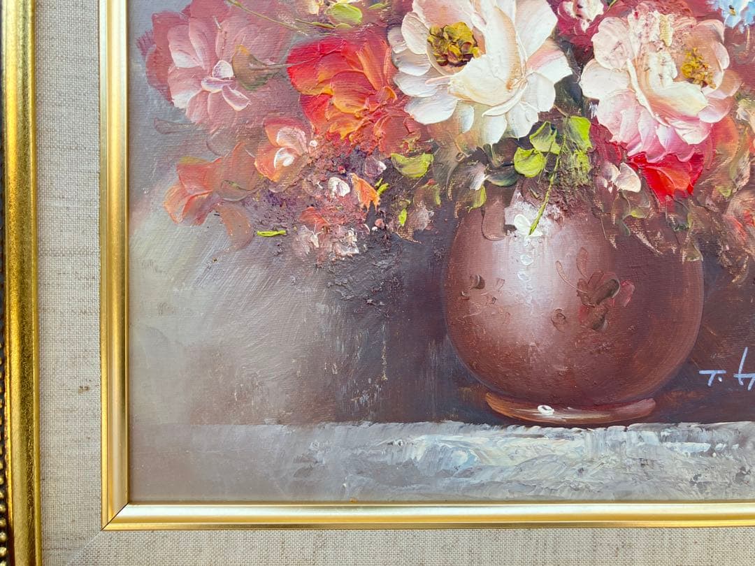 油彩画 油絵 花瓶の花 T.HANSEN バラ