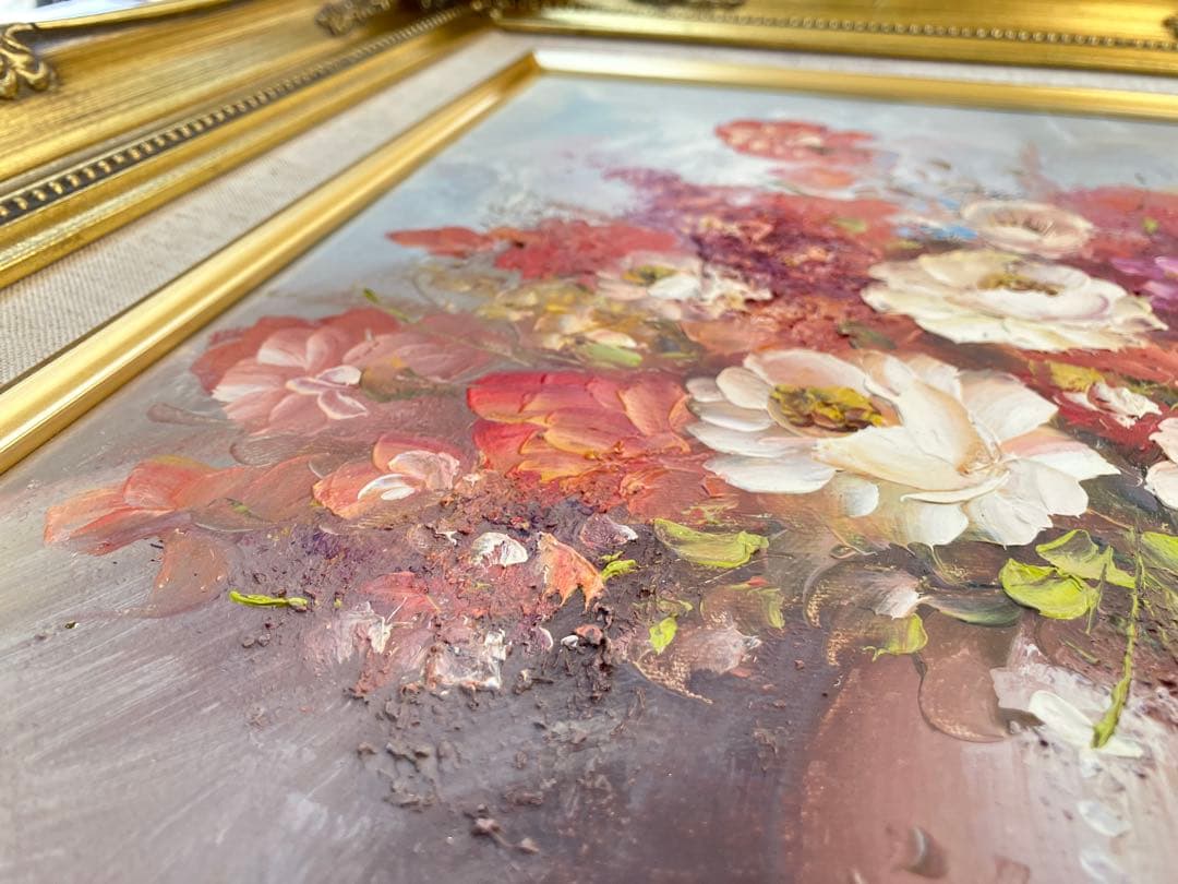 油彩画 油絵 花瓶の花 T.HANSEN バラ